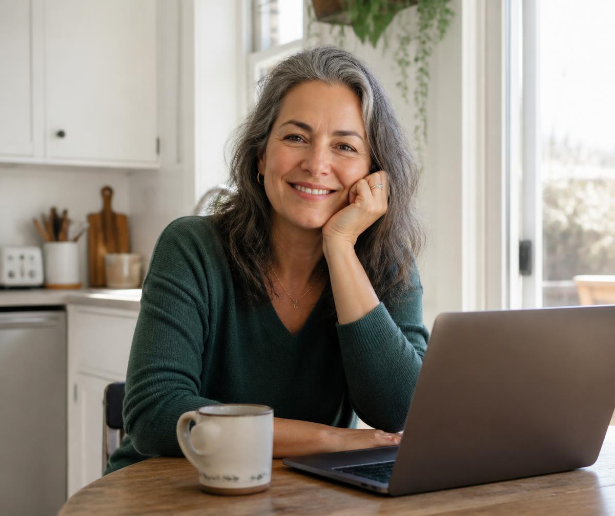 A woman in her fifties reading about telehealth options at her kitchen table